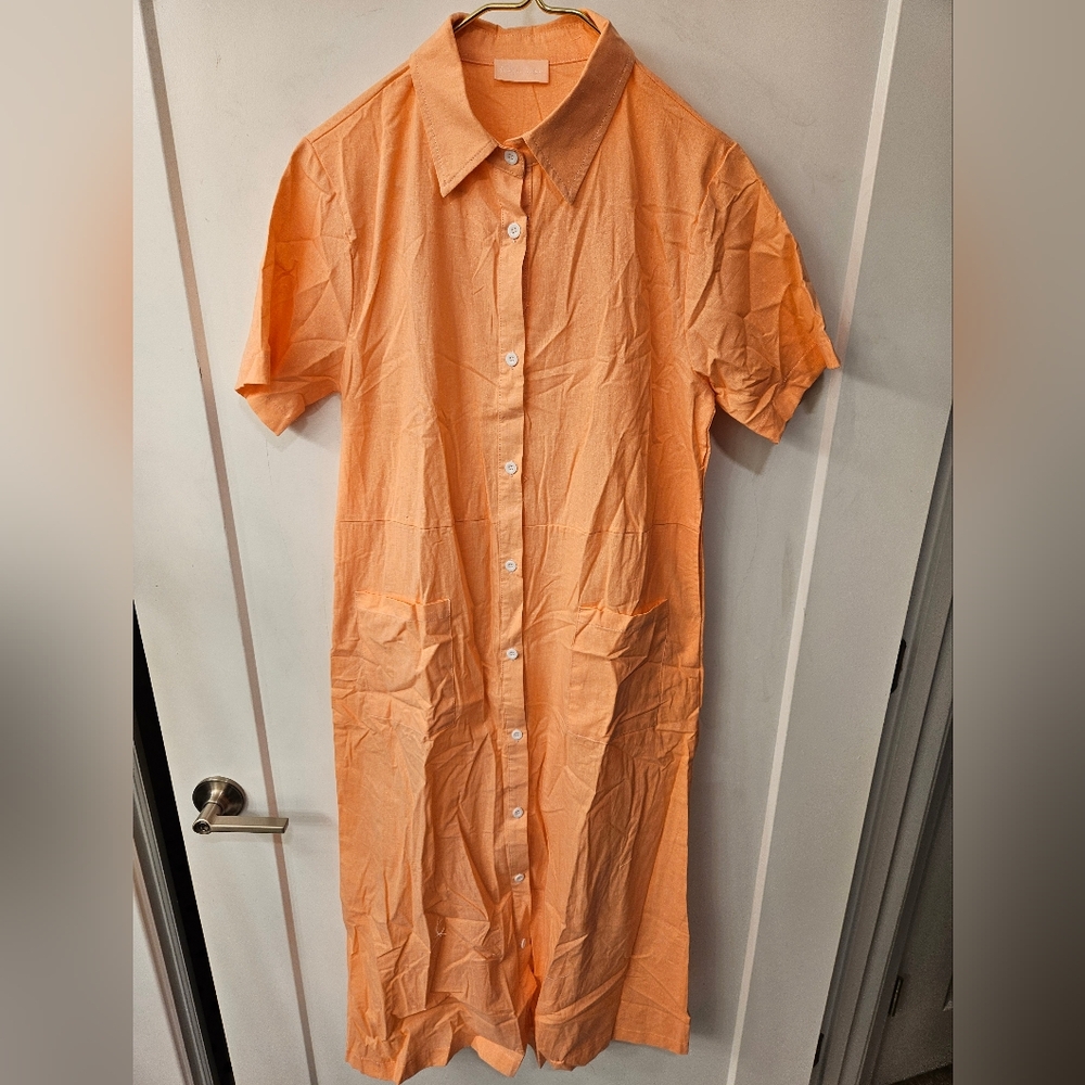 NWT- Linen Texture "An Elegant Woman" Boutique Orange Midi Shirtdress - Size L - Picture 11 of 11